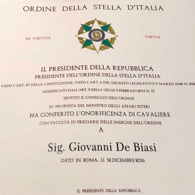 Presidenti i Republikes Italiane i jep Zotit Gianni De Biasi titullin onorifik CAVALIERE